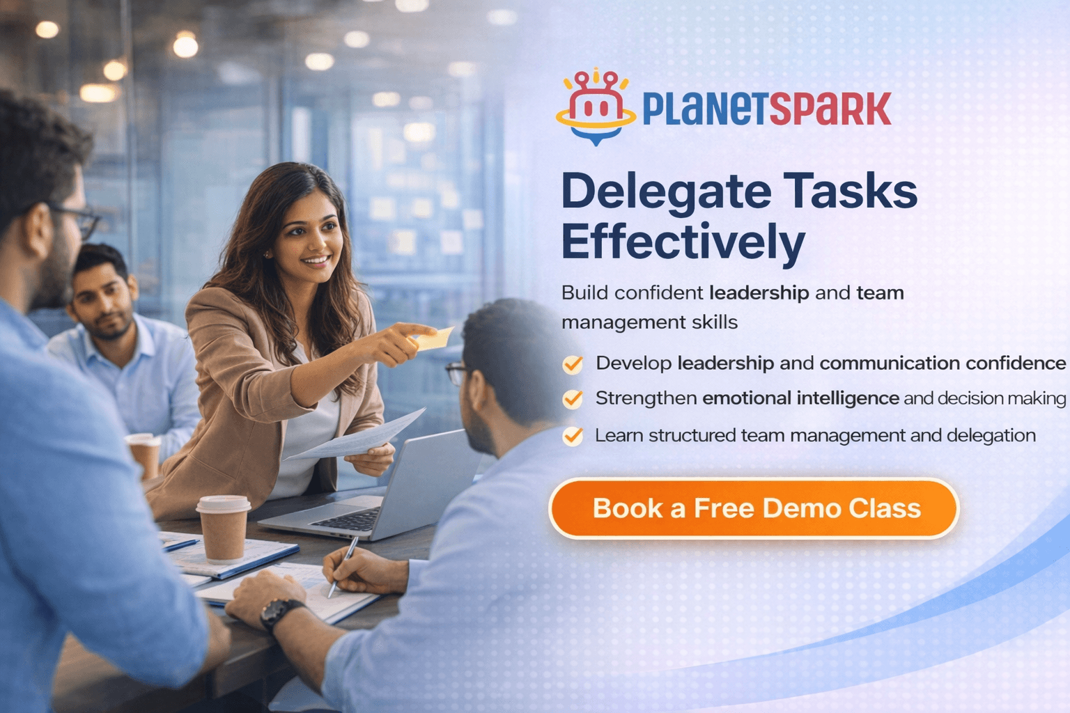 Urban Indian professionals discussing leadership communication and delegation skills in a modern office environment
