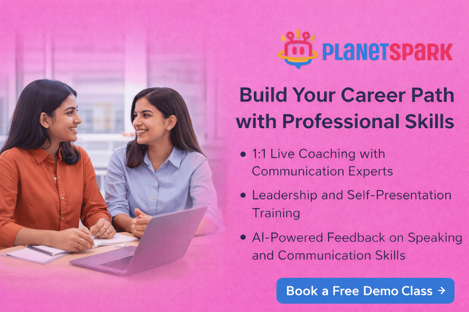 Build your career path with professional skills PlanetSpark banner showing Indian women learning communication skills
