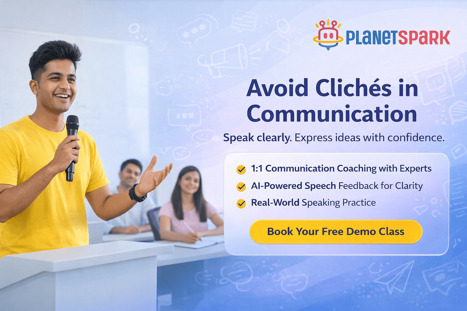 PlanetSpark public speaking training banner featuring Indian female presenter and communication coaching