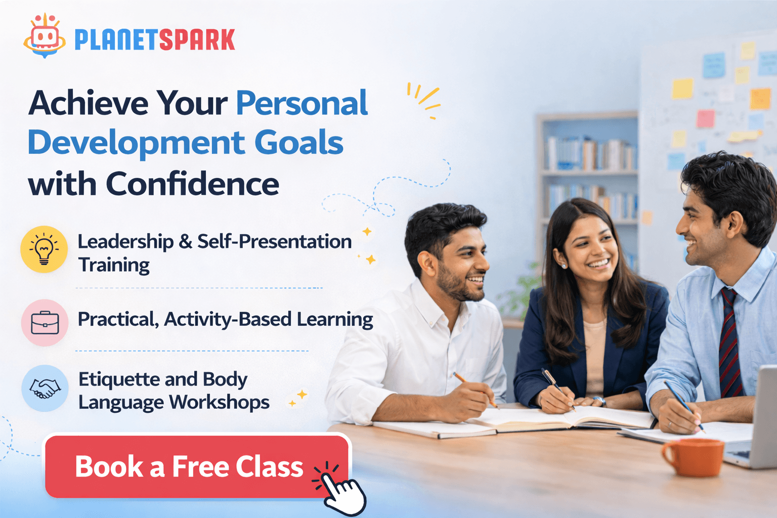 working professionals learning leadership and career development skills with planetspark training program