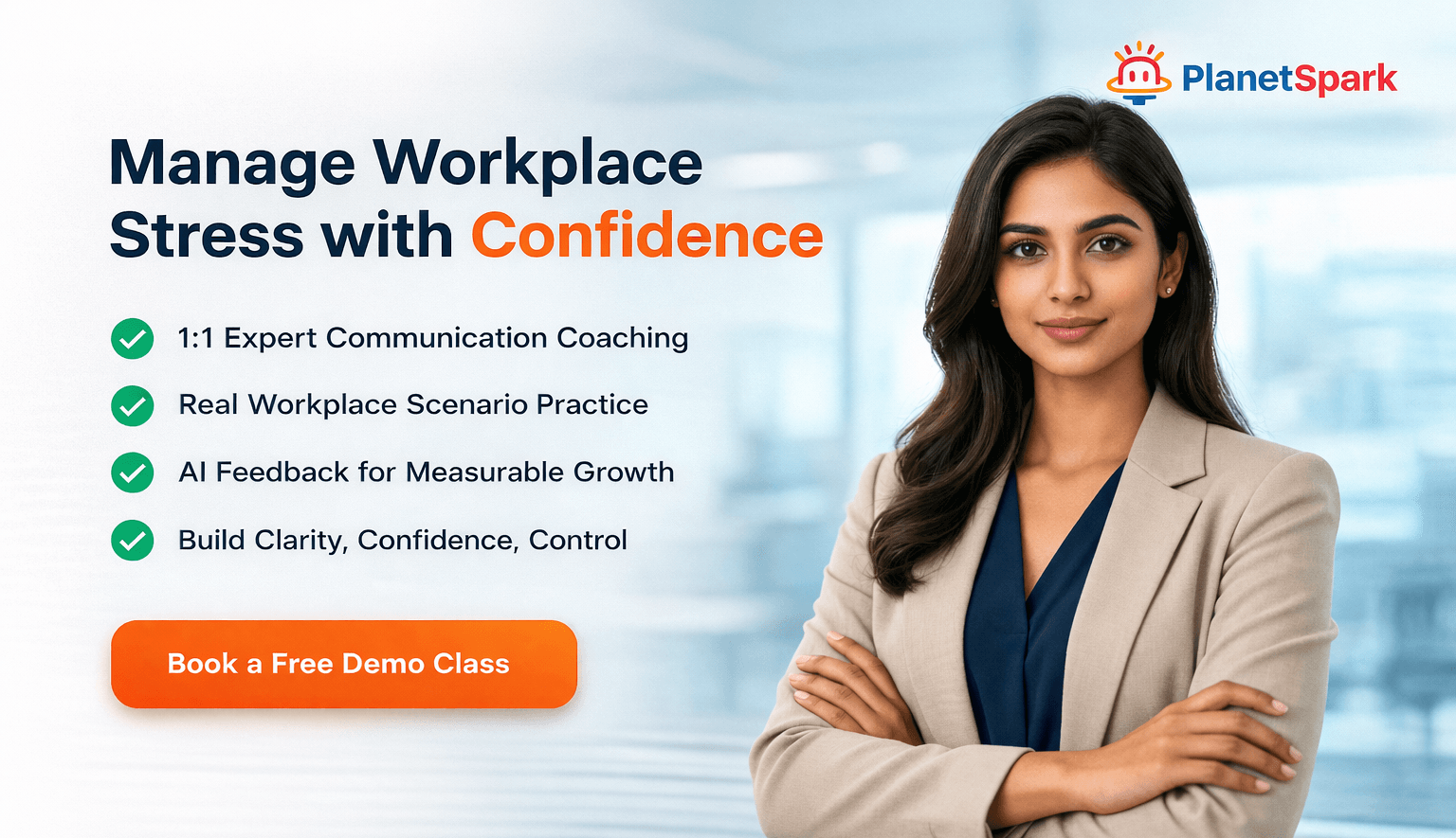 Professional Indian female employee in office demonstrating focus and stress management at work