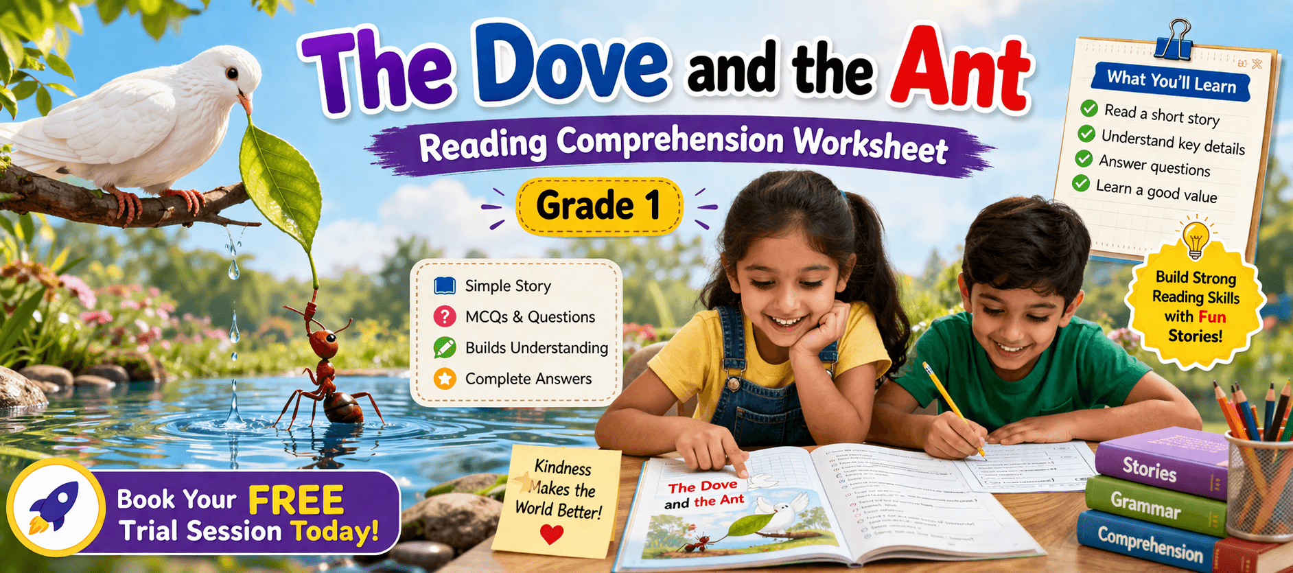 Class 1 English Story Worksheet on The Dove and the Ant Free PDF.png