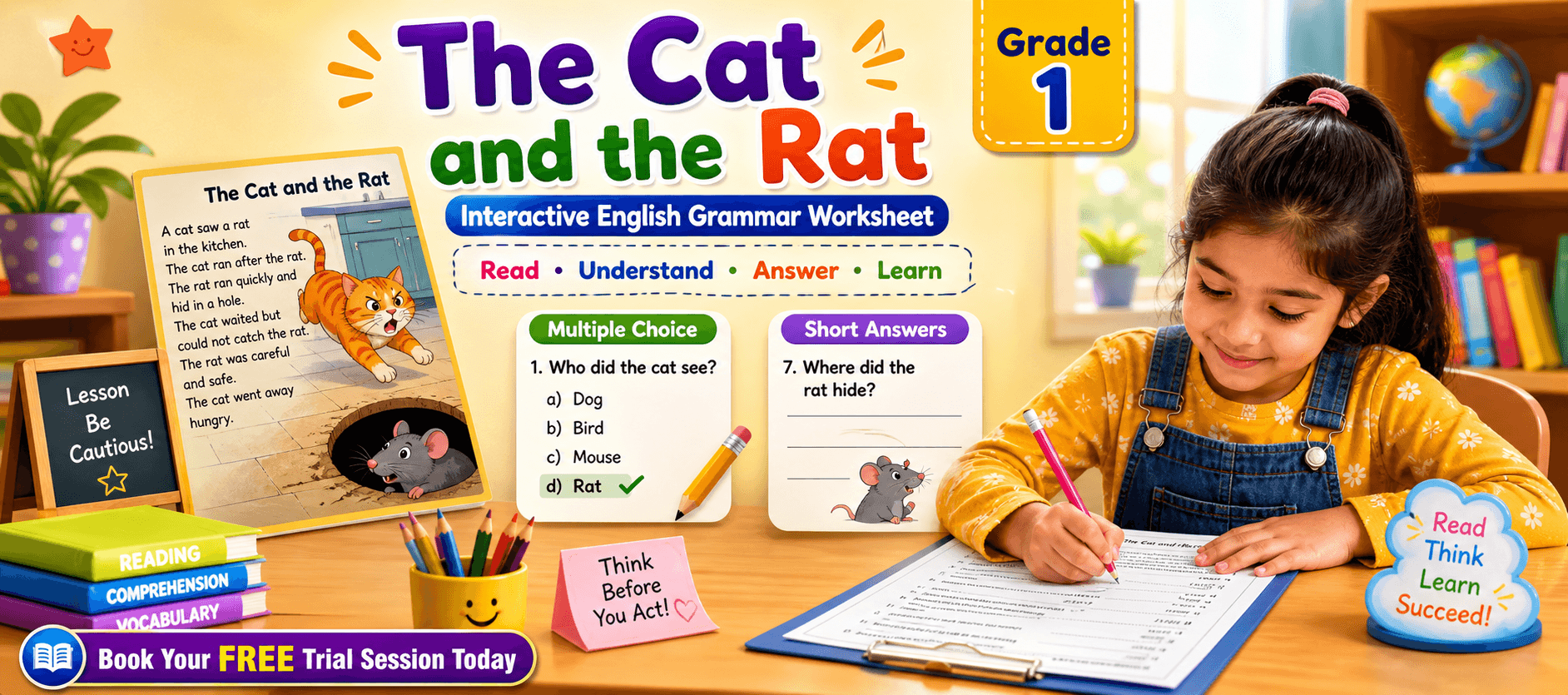Class 1 English Worksheet on The Cat and the Rat Story.png