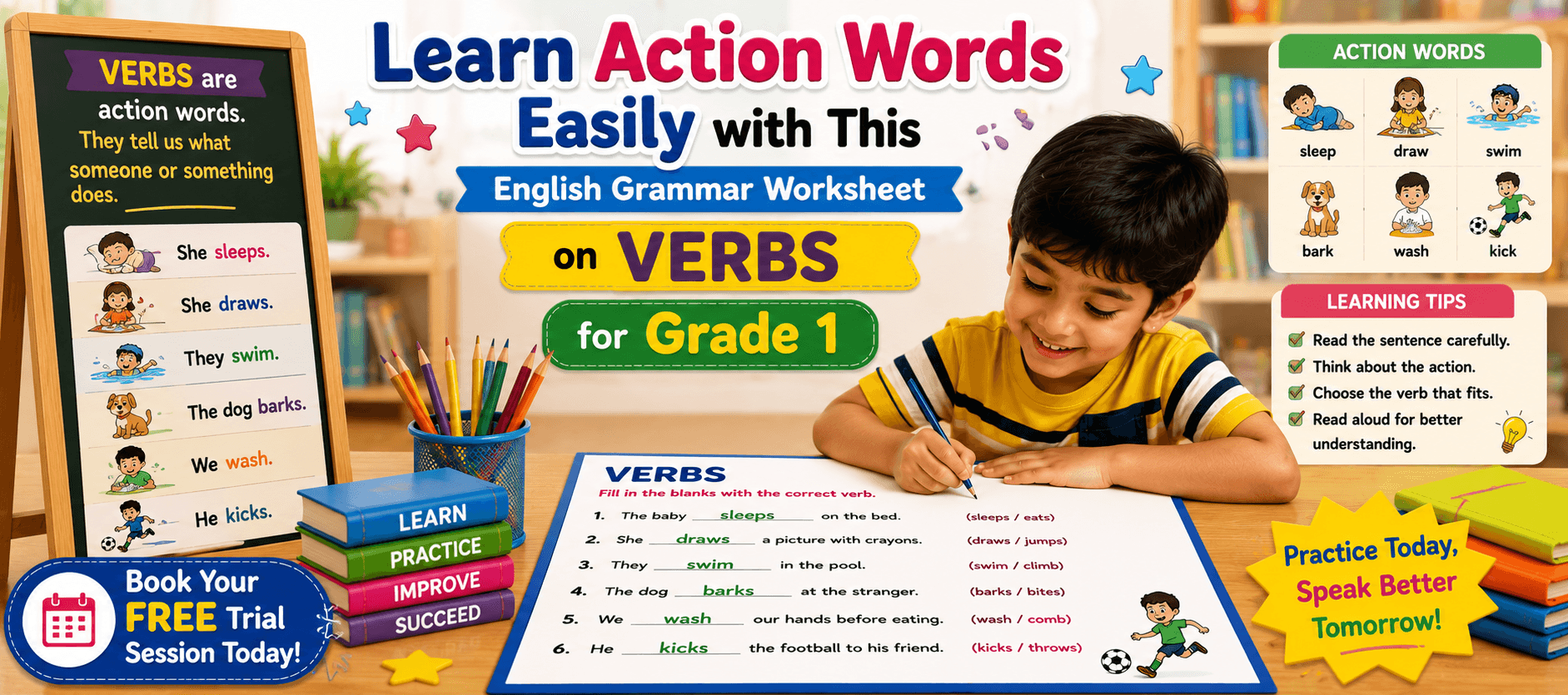 Class 1 Grammar Exercises on Action Words with Answers.png