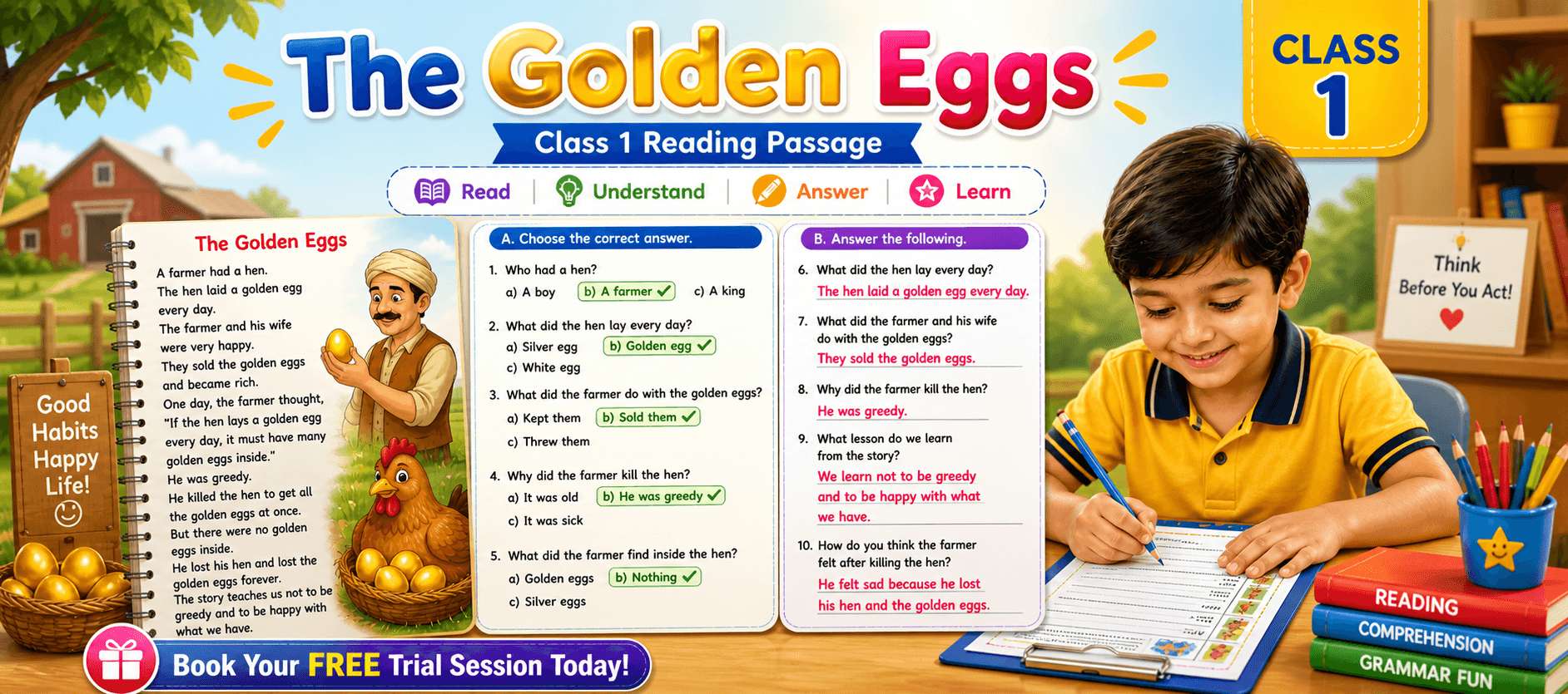 Class 1 Moral Story Reading Passage on The Golden Eggs.png