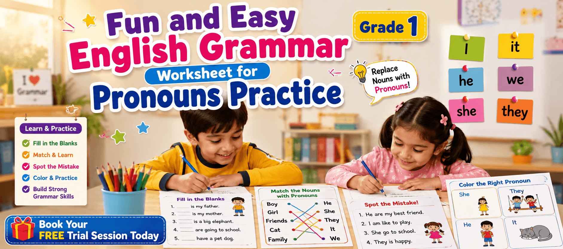 Class 1 Pronouns Practice Worksheet He, She and It.png