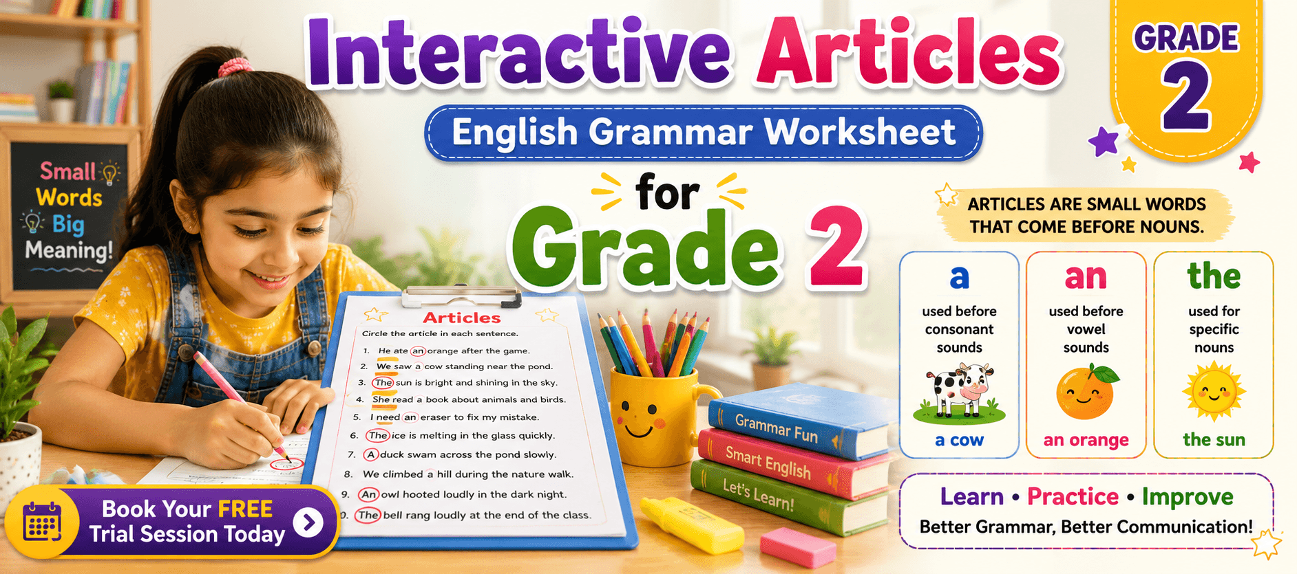 Class 2 English Grammar Worksheet on A, An, and The.png