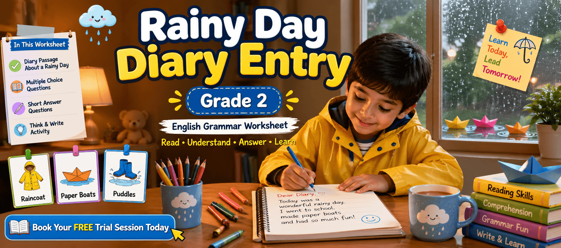 Class 2 Reading Worksheet Rainy Day Diary Entry Free PDF.png