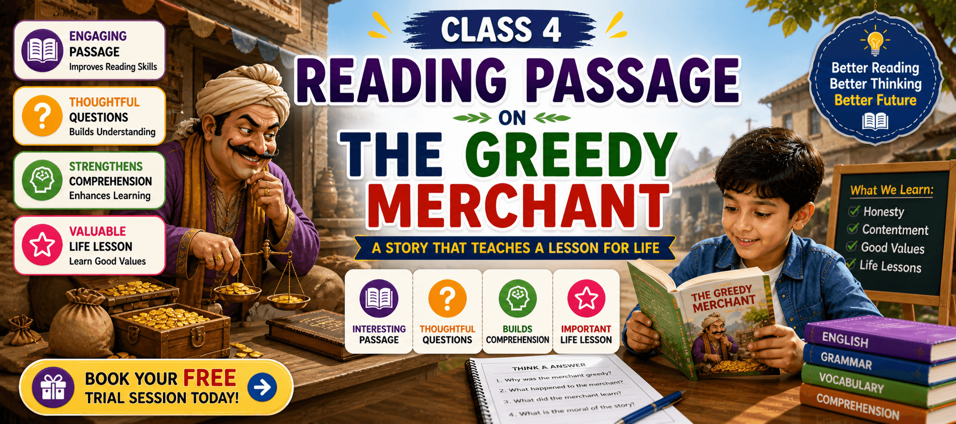 Class 4 Reading and Grammar Worksheet on The Greedy Merchant.png