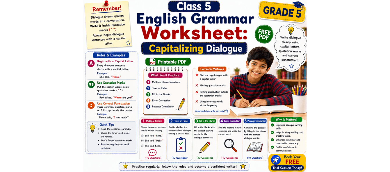 Class 5 English Grammar Worksheet Capitalizing Dialogue [Free PDF].png