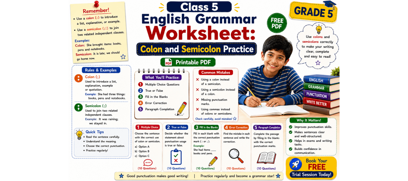 Class 5 English Grammar Worksheet Colon and Semicolon Practice [PDF].png