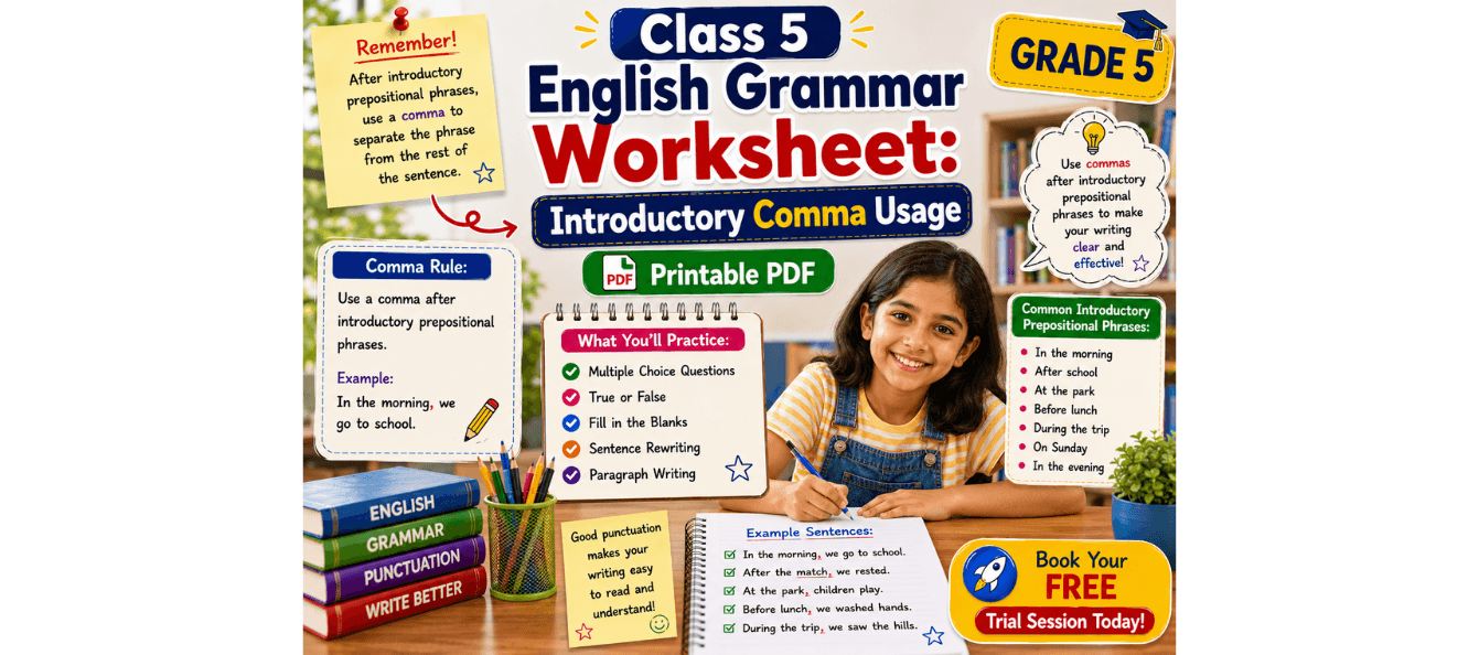 Class 5 English Grammar Worksheet Introductory Comma Usage [PDF].png