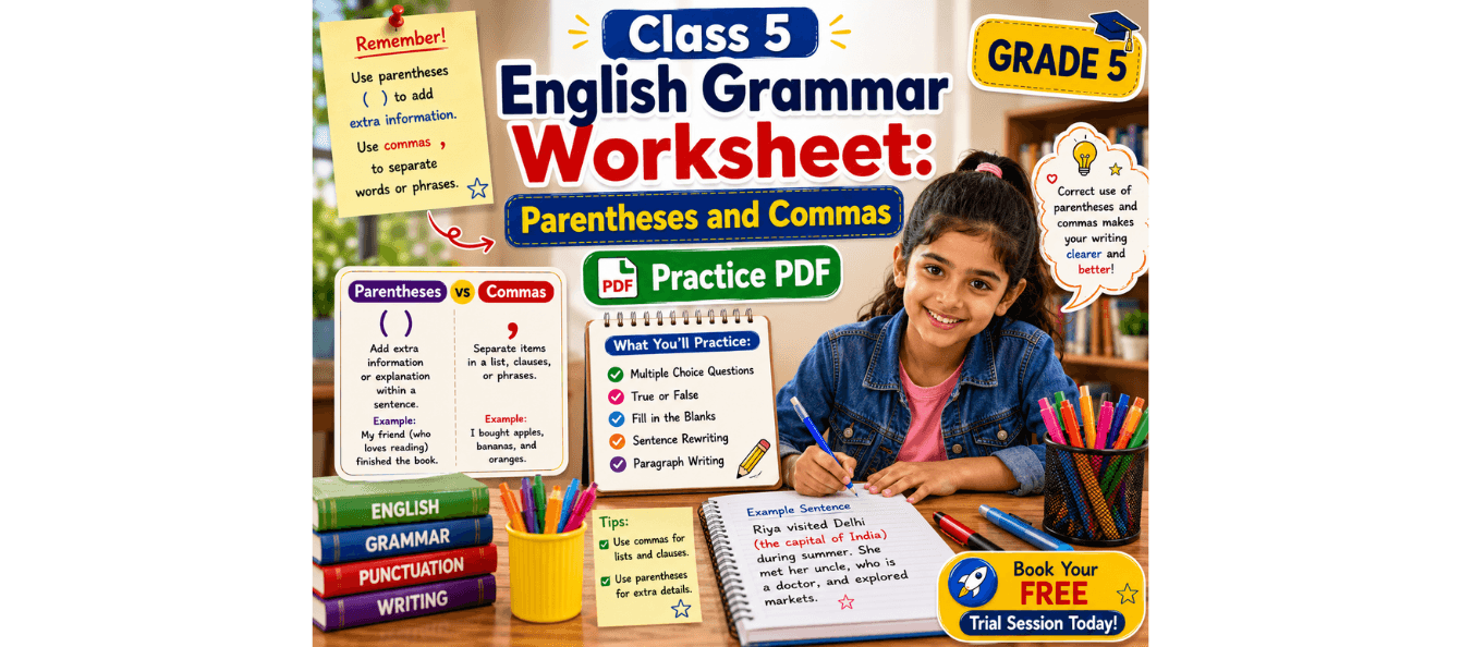Class 5 English Grammar Worksheet Parentheses and Commas [Practice PDF].png