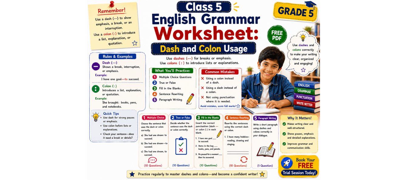 Class 5 Grammar Worksheet Dash and Colon Usage [Printable PDF].png