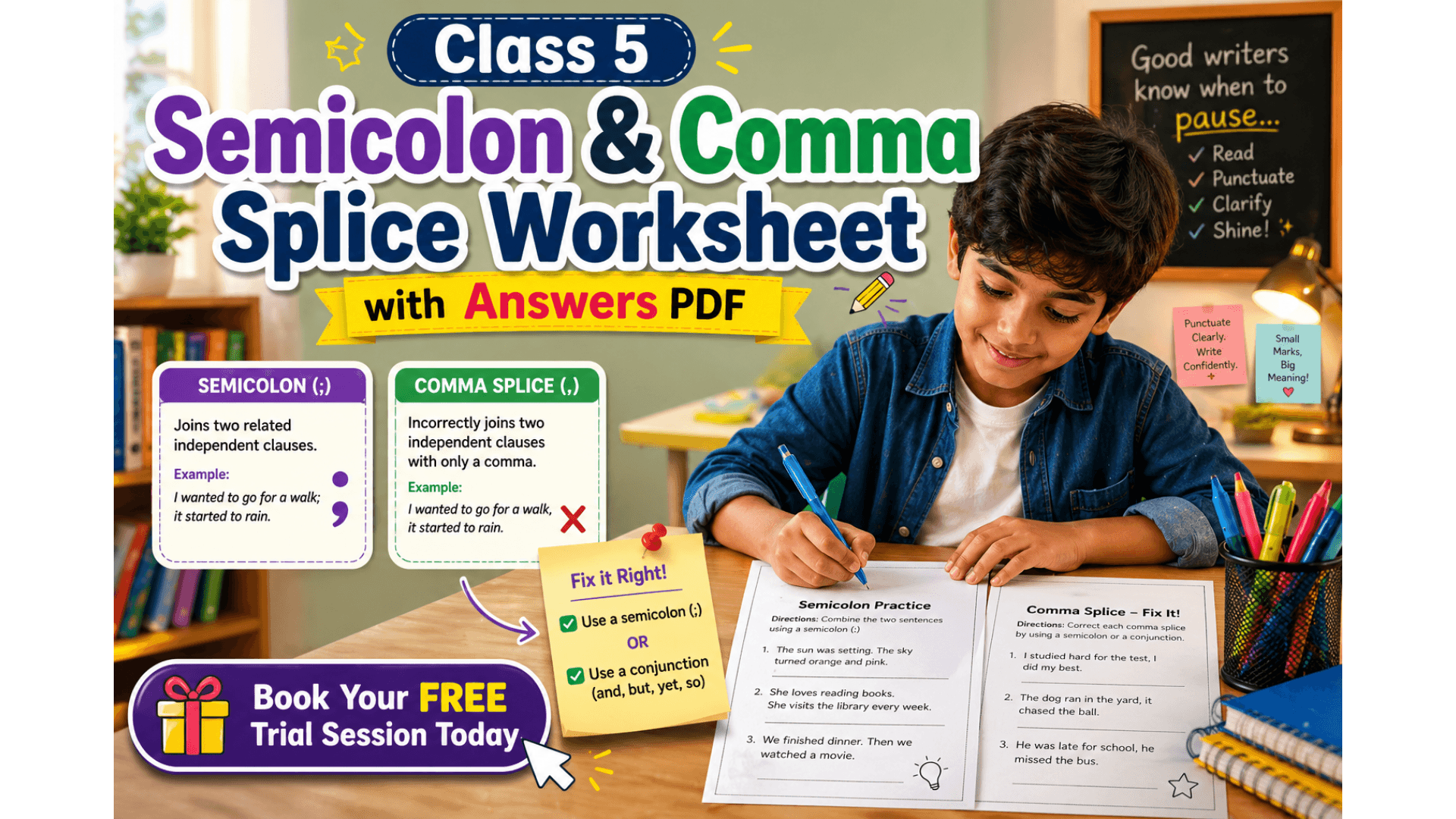 Class 5 Semicolon & Comma Splice Worksheet with Answers PDF.png