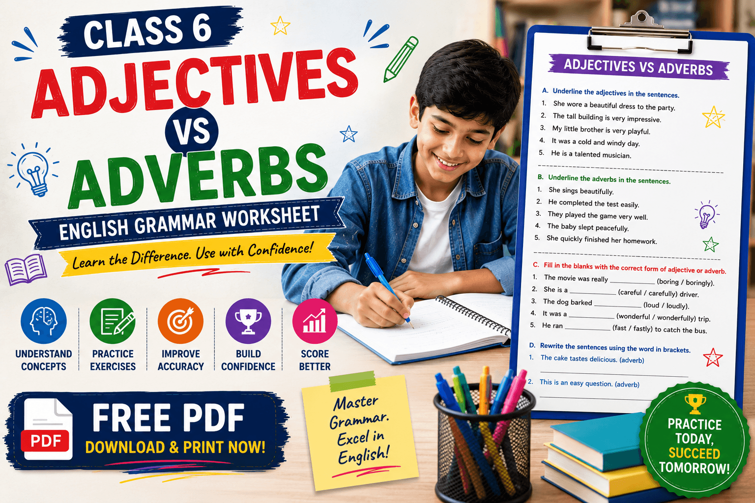 Class 6 Adjectives vs Adverbs English Grammar Worksheet.png