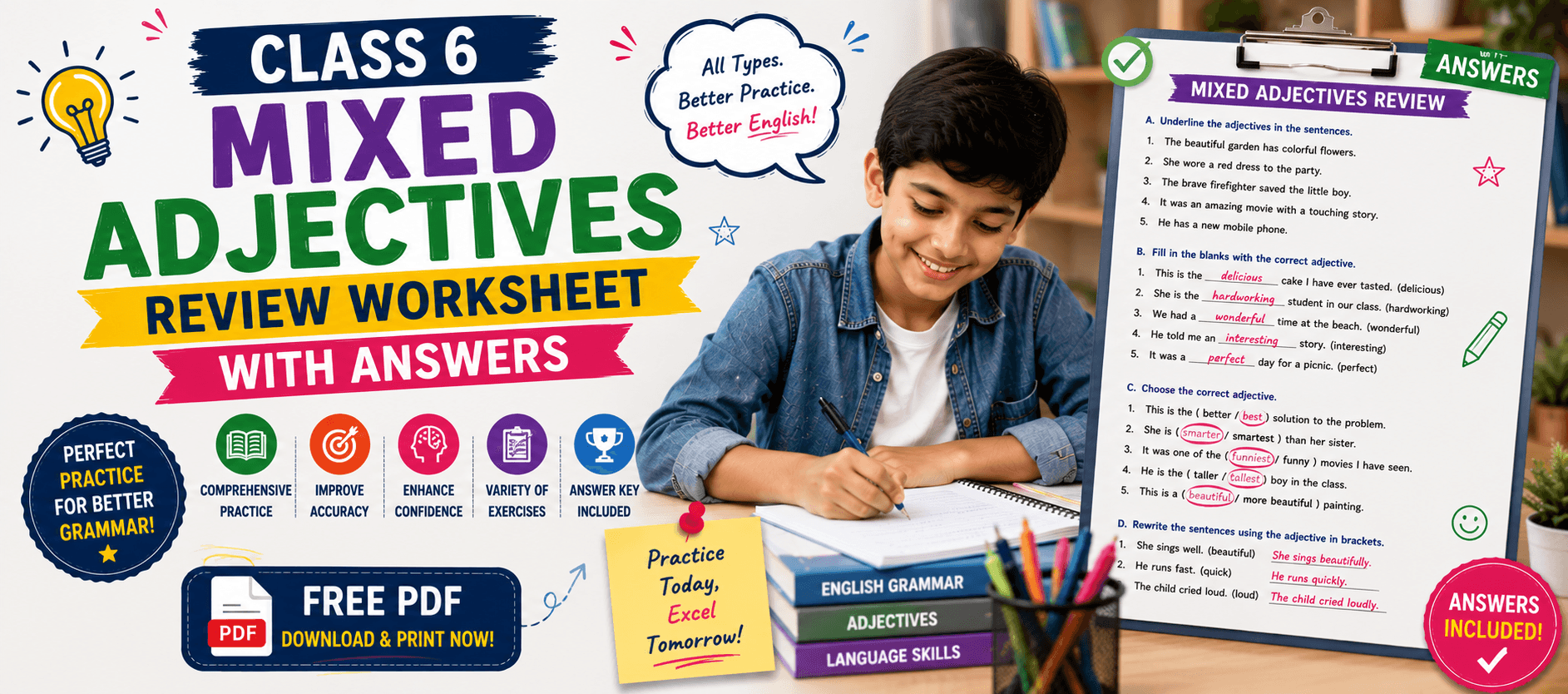 Class 6 Mixed Adjectives Review Worksheet with Answers.png