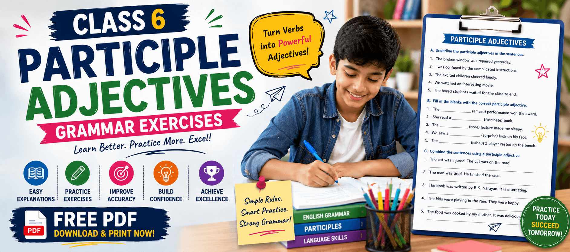 Class 6 Participle Adjectives Grammar Exercises for Kids.png