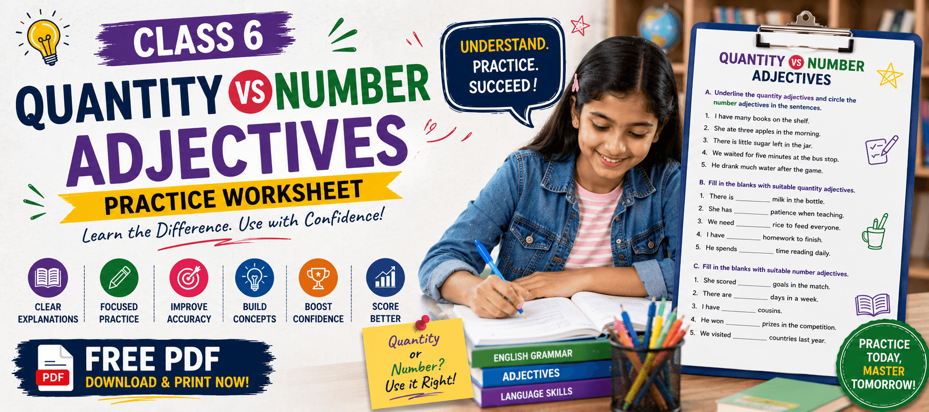 Class 6 Quantity vs Number Adjectives Practice Worksheet.png