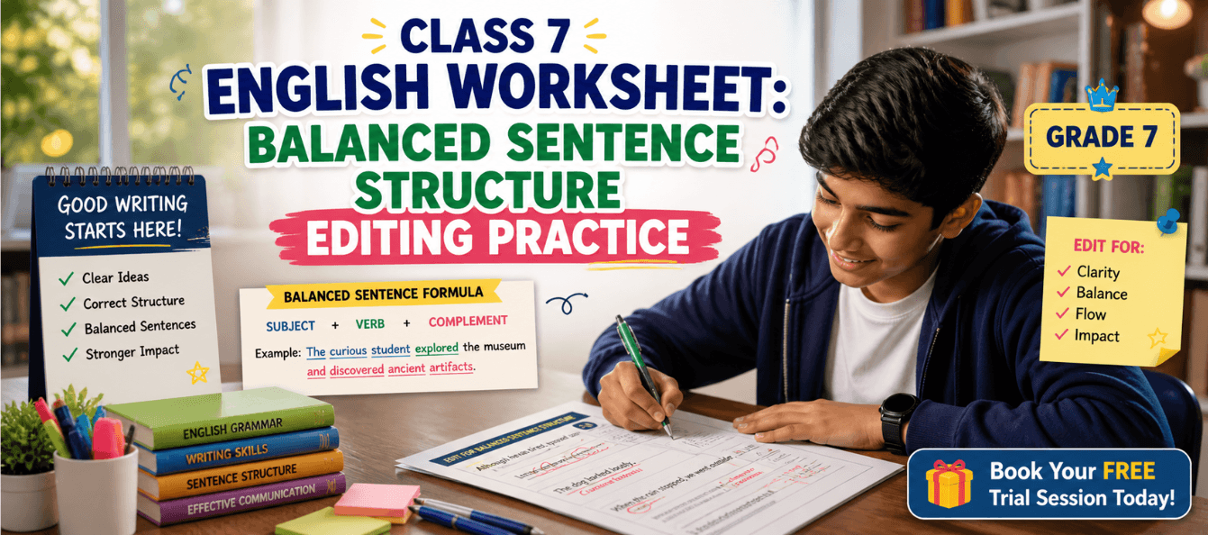 Class 7 English Worksheet_ Balanced Sentence Structure Editing Practice.png