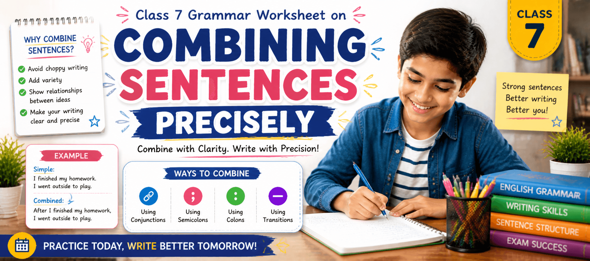 Class 7 Grammar Worksheet on Combining Sentences Precisely.png