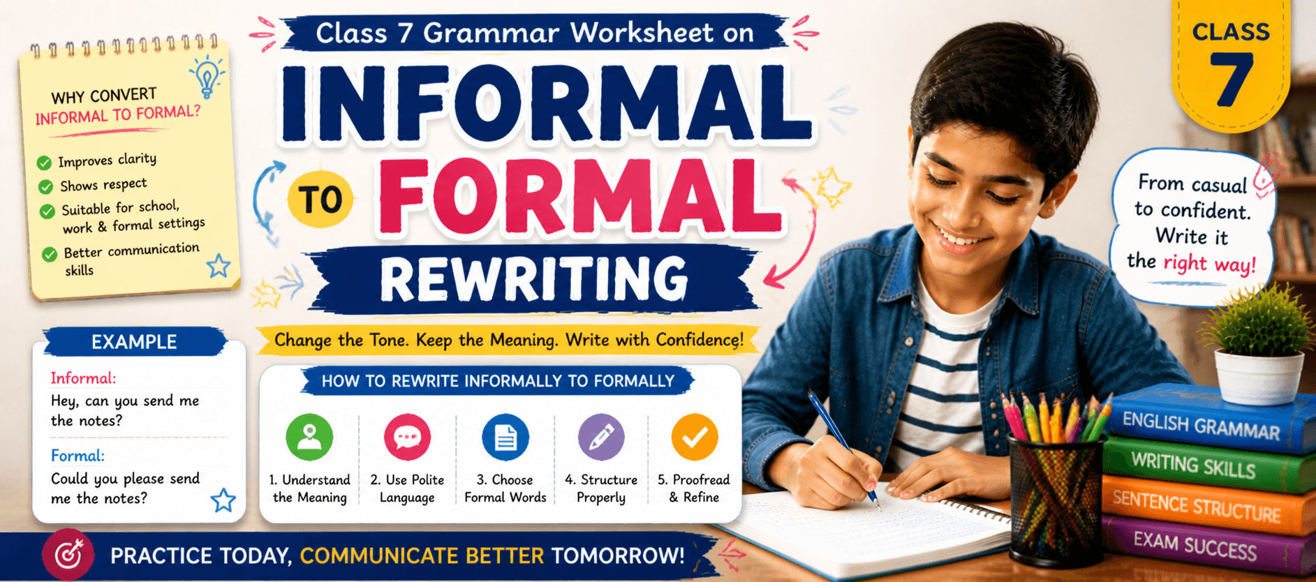 Class 7 Grammar Worksheet on Informal to Formal Rewriting.png