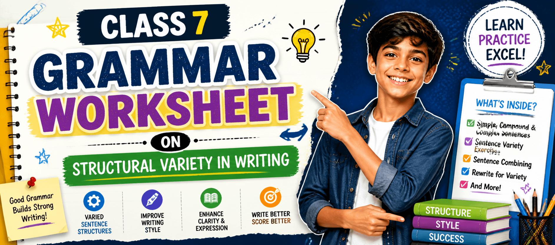 Class 7 Grammar Worksheet on Structural Variety in Writing.png