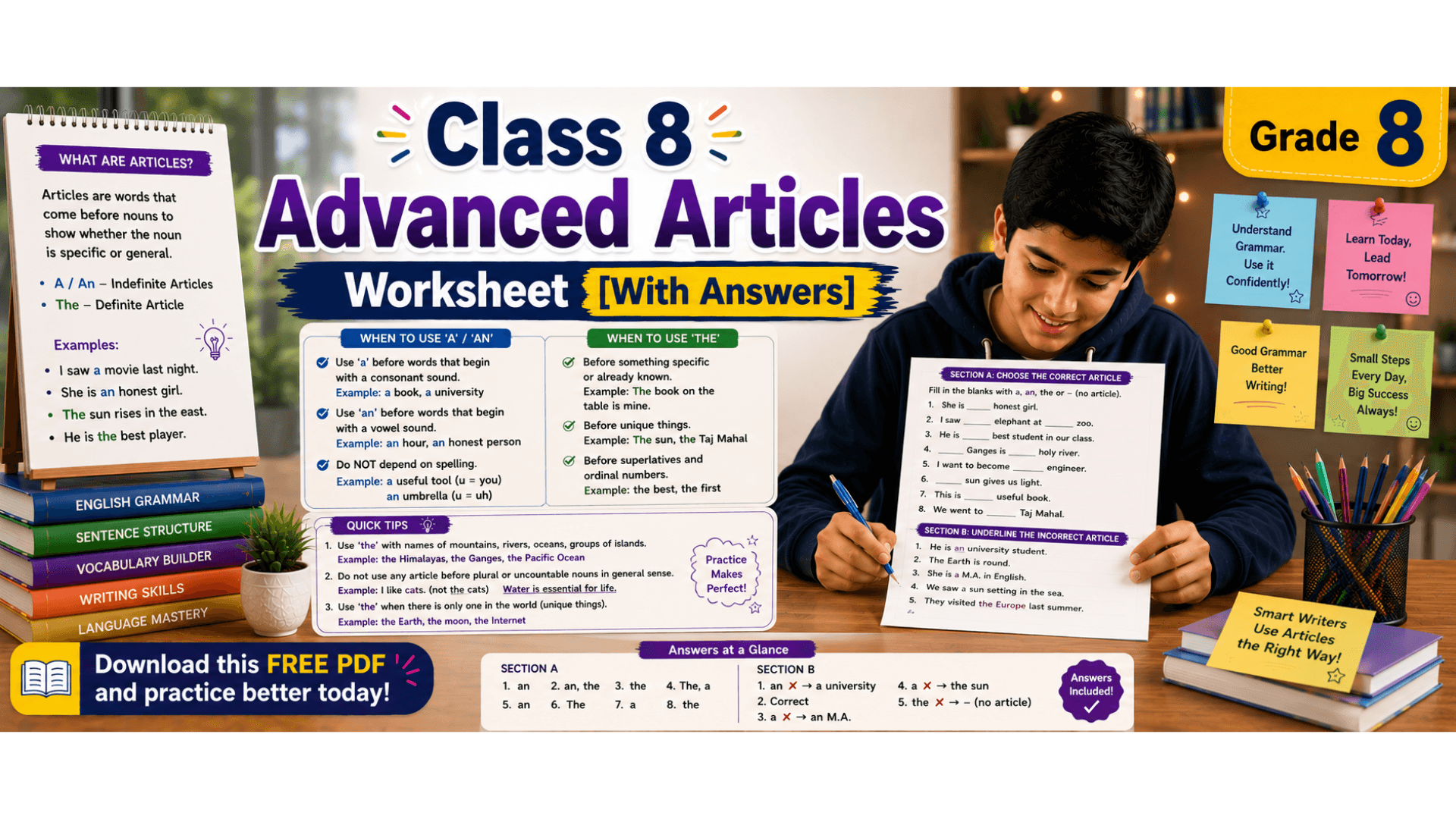 Class 8 Advanced Articles Worksheet [With Answers].png