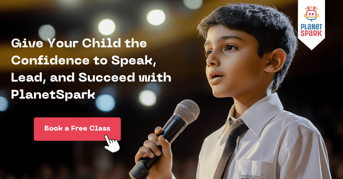 Young boy giving speech on stage