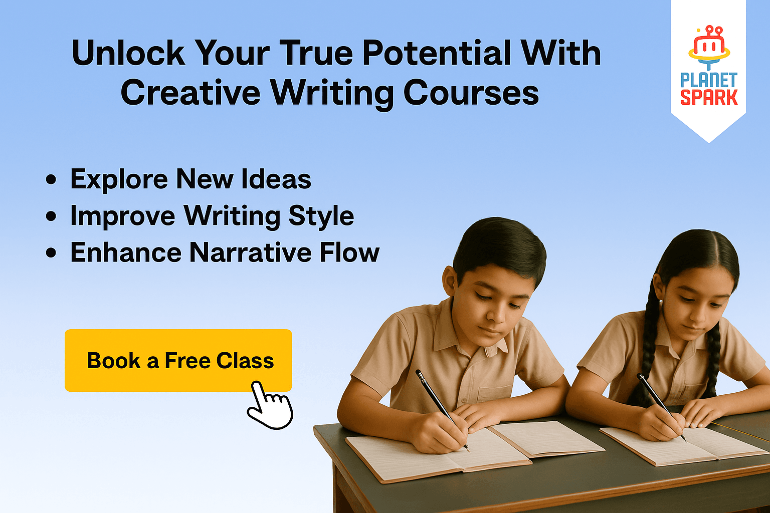 Children writing in notebooks during PlanetSpark creative writing class