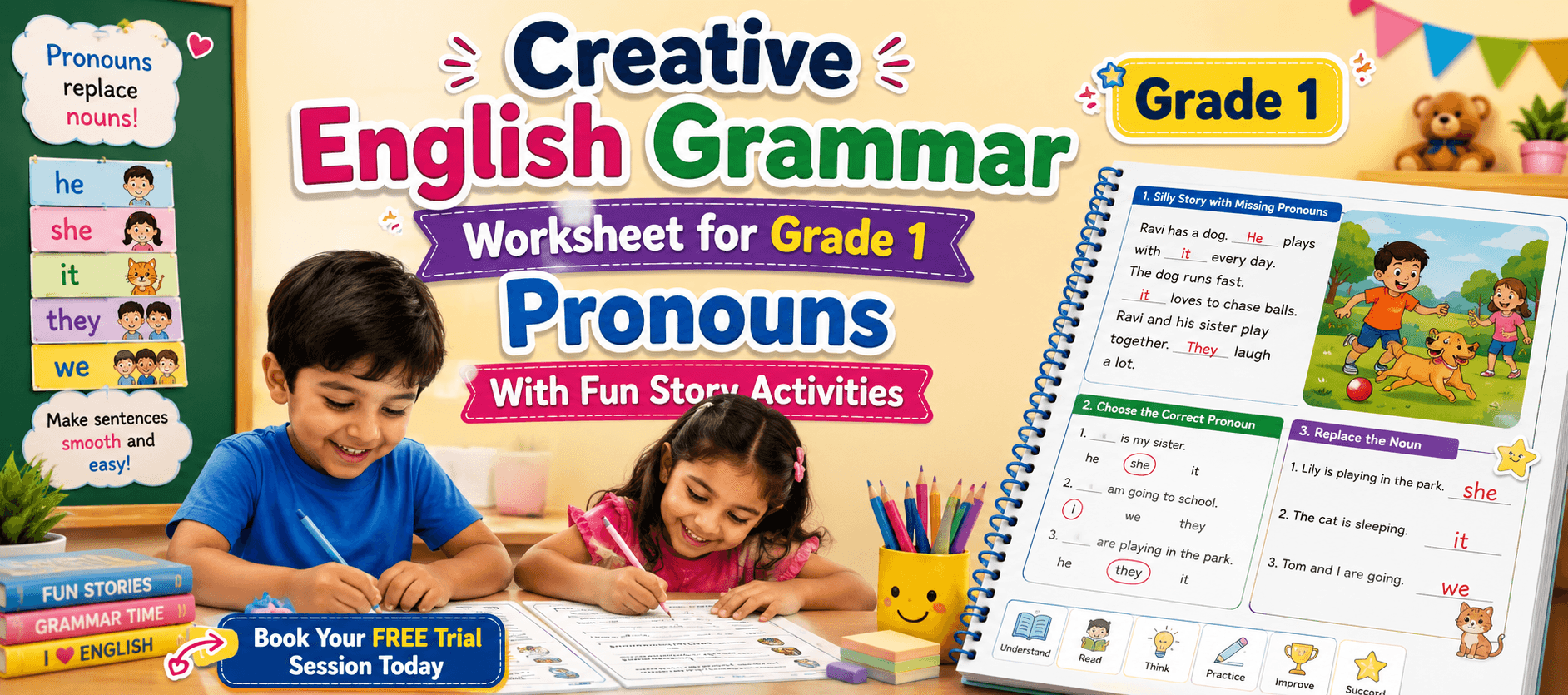 Easy Pronoun Replacement Worksheet for Class 1 Students.png