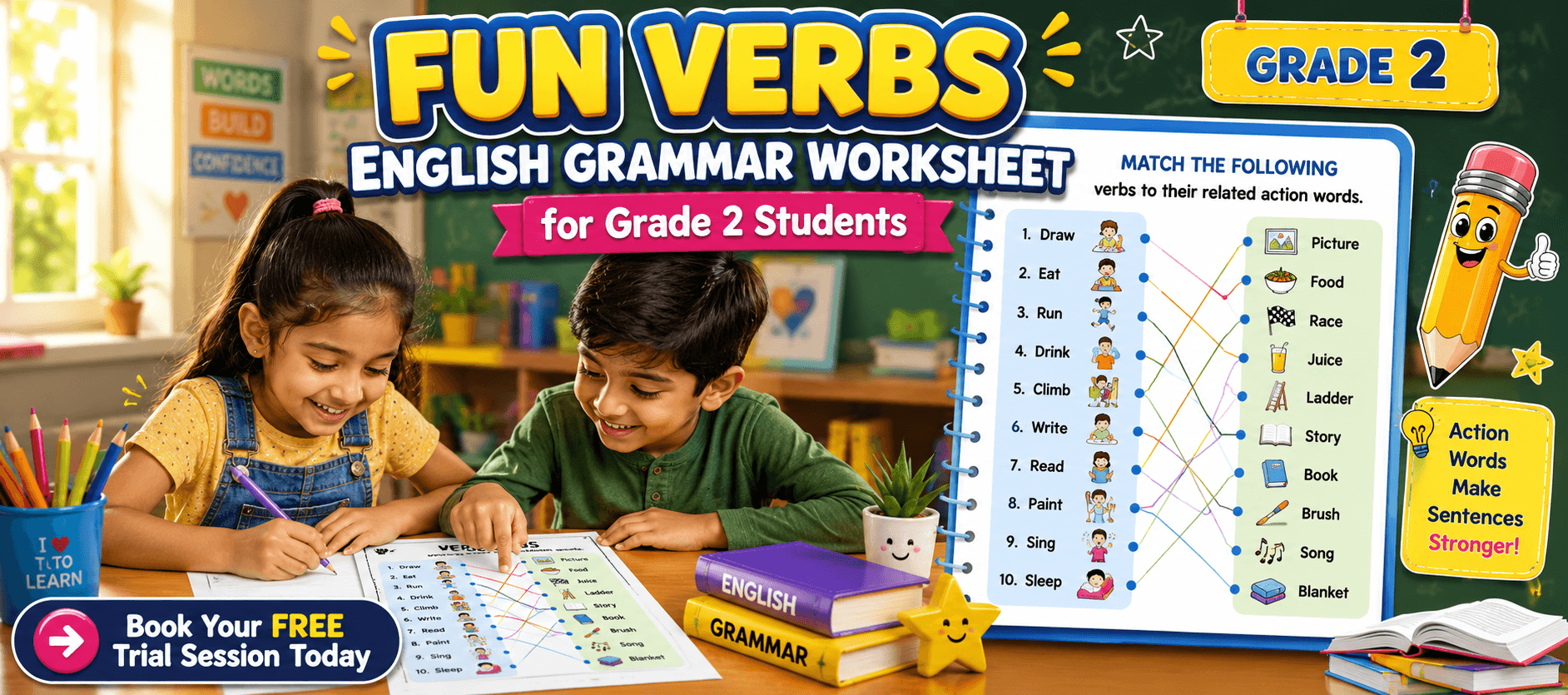 Easy Verb Matching English Worksheet for Grade 2 Students.png