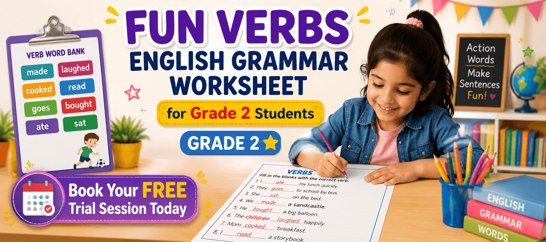 English Grammar Verb Exercises Worksheet for Class 2 Kids.png