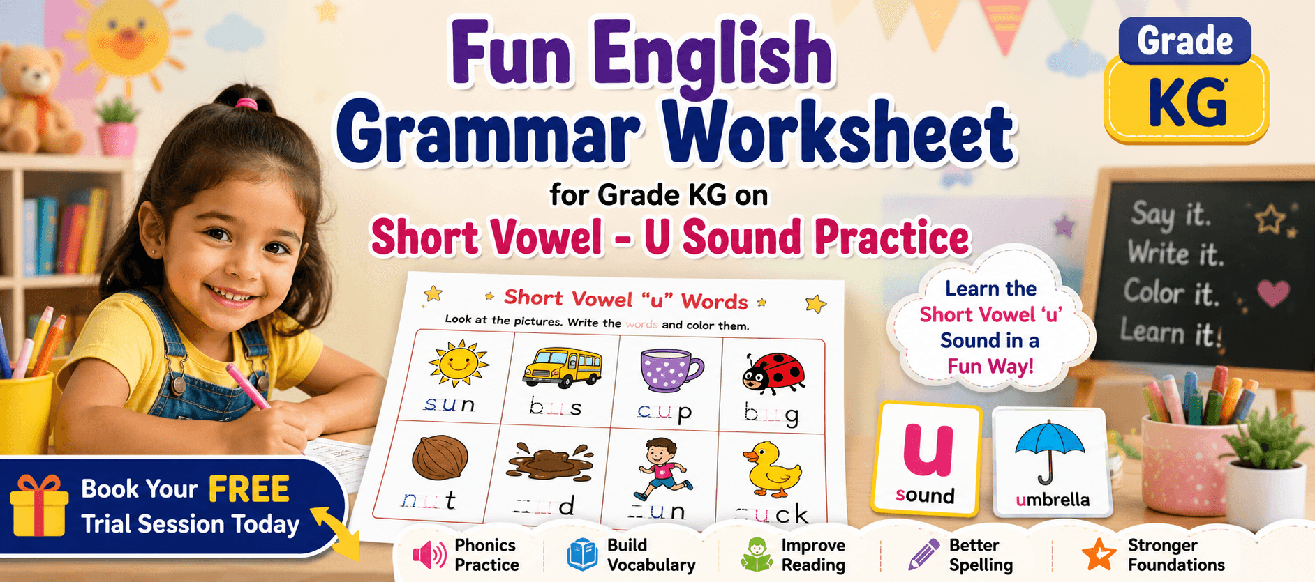 English Grammar Worksheet on Short Vowel U Sound Practice.png