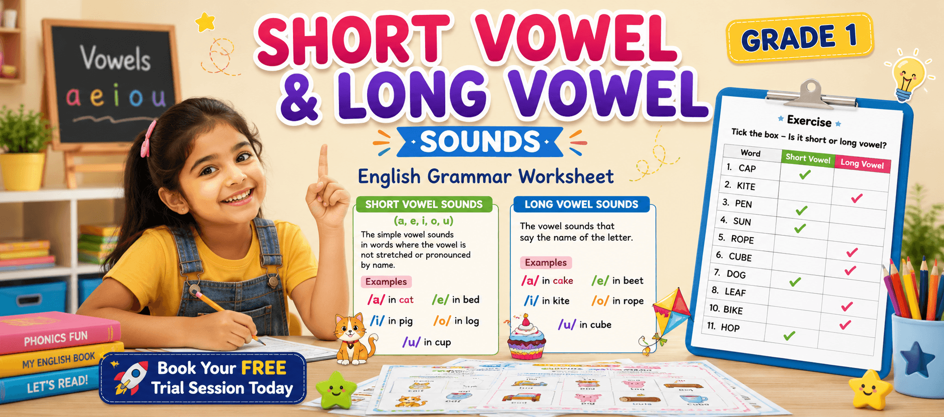English Phonics Worksheet on Short & Long Vowel Sounds.png