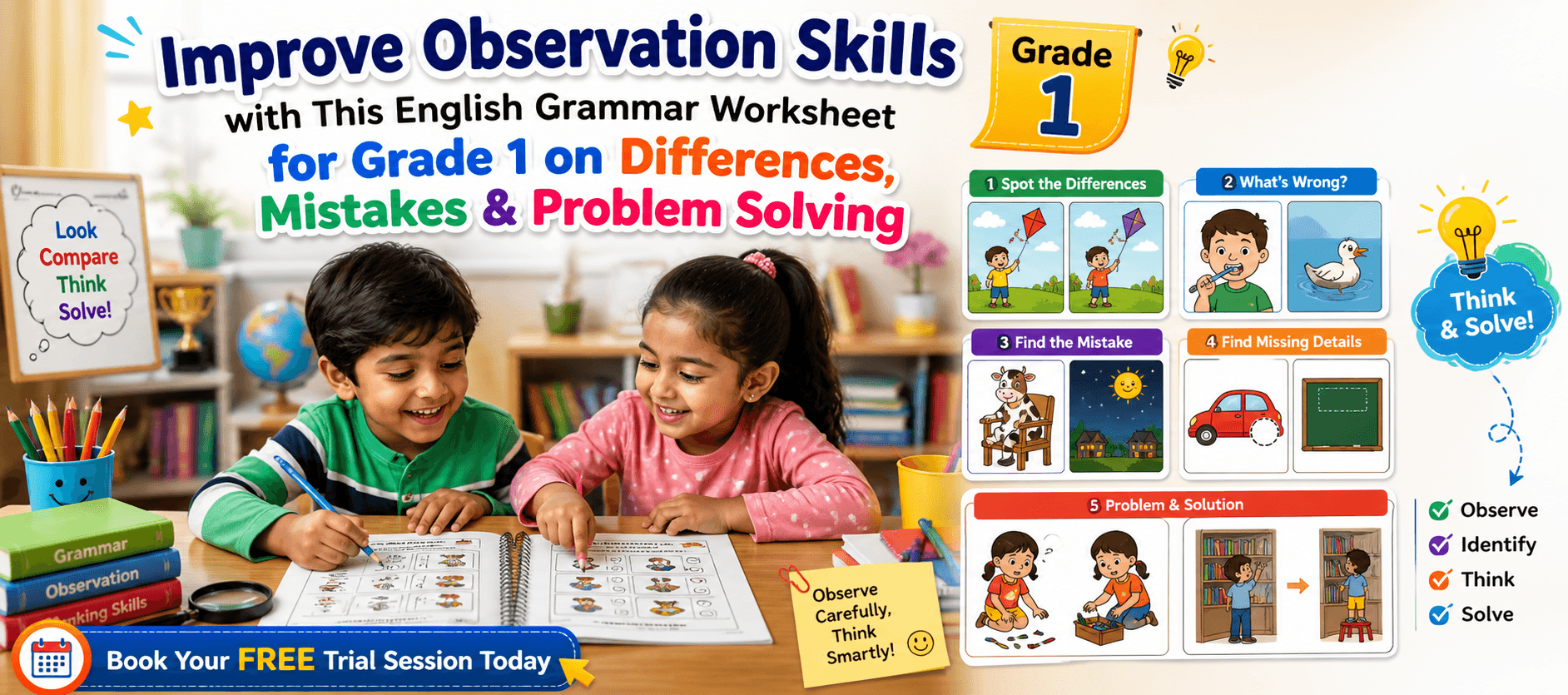 Grade 1 Kids Worksheet on Spotting Differences and Problem Solving.png