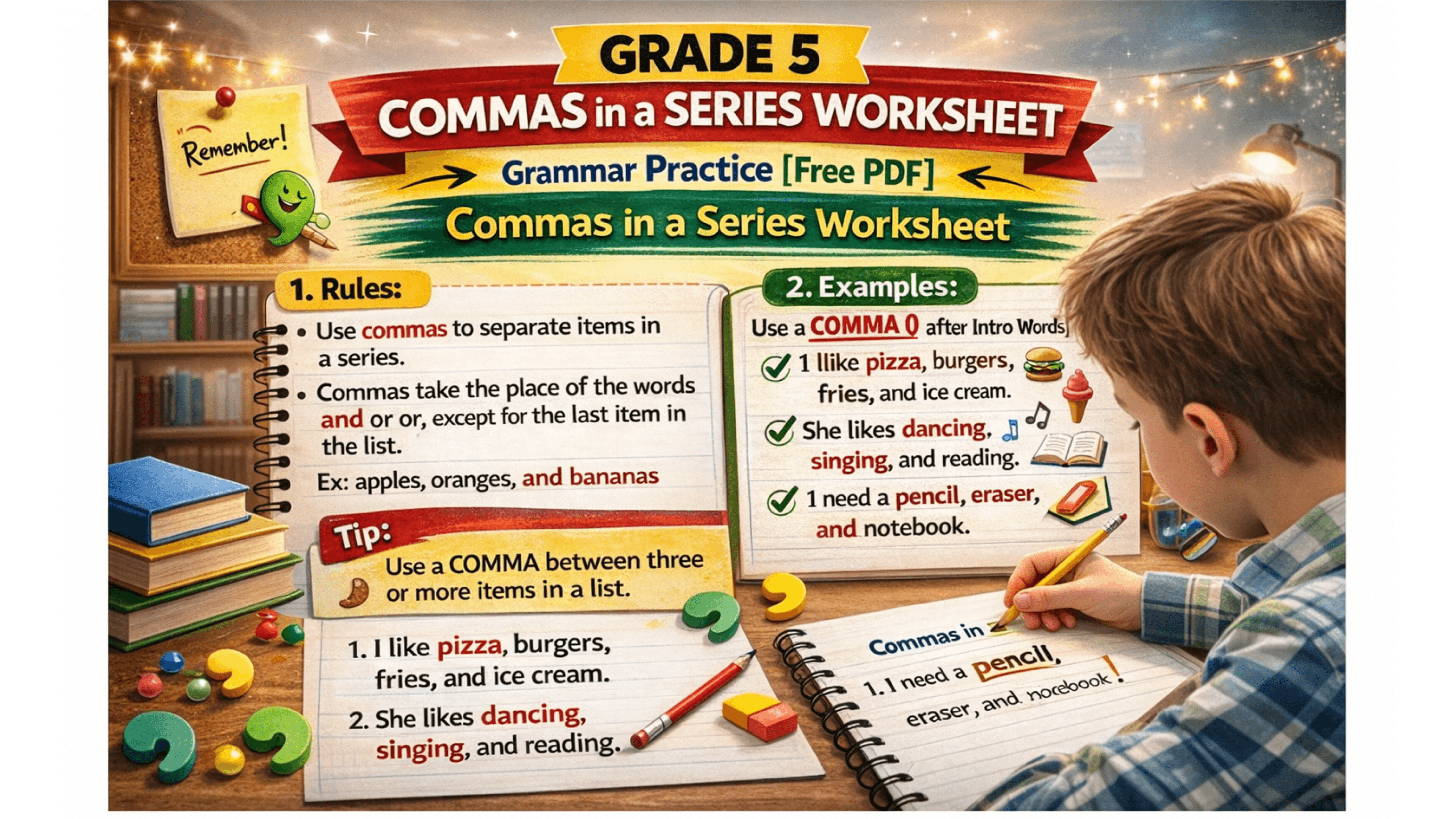 Grade 5 Commas in a Series Worksheet Grammar Practice [Free PDF].png