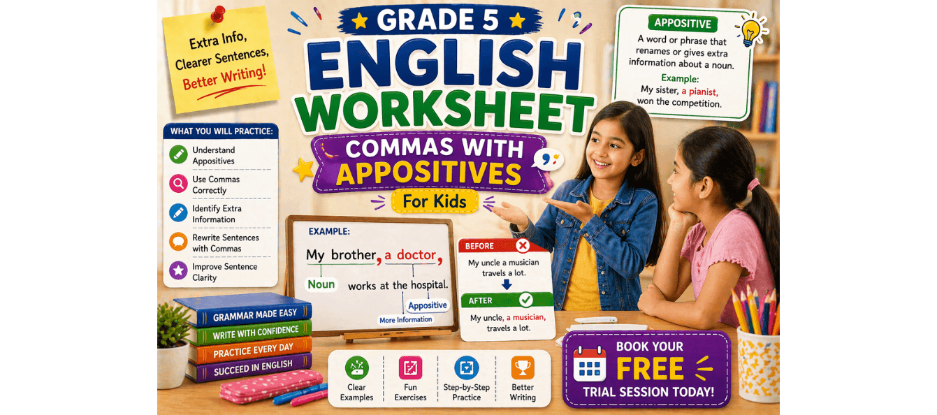 Grade 5 English Worksheet Commas with Appositives [For Kids].png
