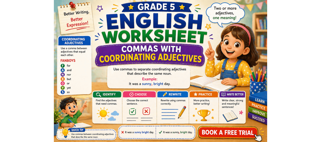 Grade 5 English Worksheet Commas with Coordinating Adjectives.png