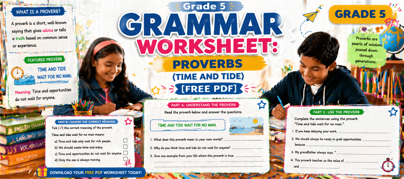 Grade 5 Grammar Worksheet_ Proverbs (Time and Tide) [Free PDF].png