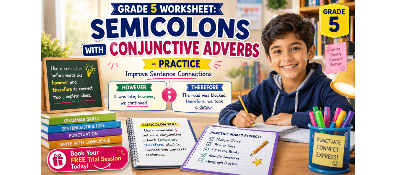 Grade 5 Worksheet Semicolons with Conjunctive Adverbs – Practice.png