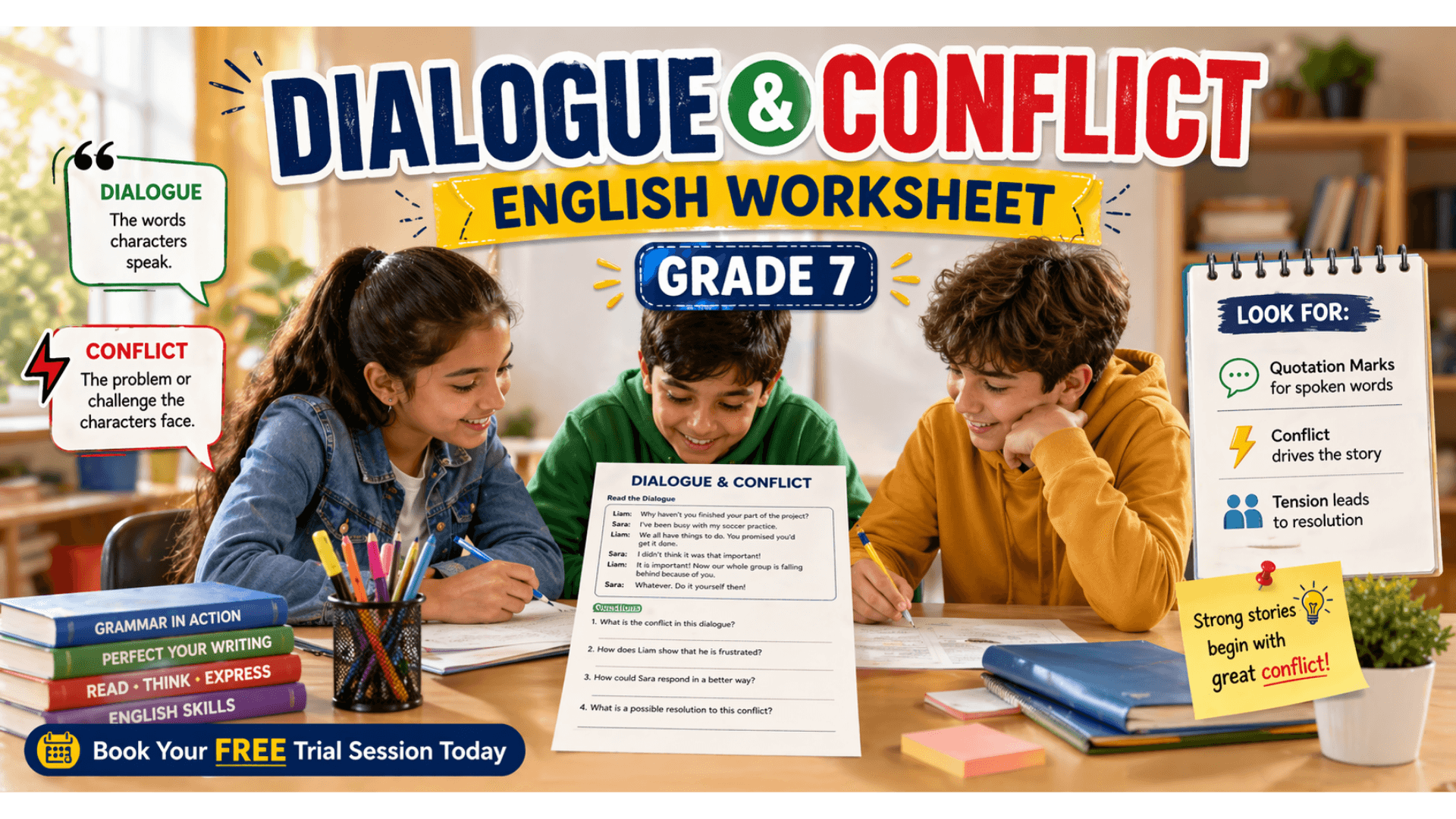 Grade 7 English Worksheet Dialogue & Conflict [Free PDF Practice].png