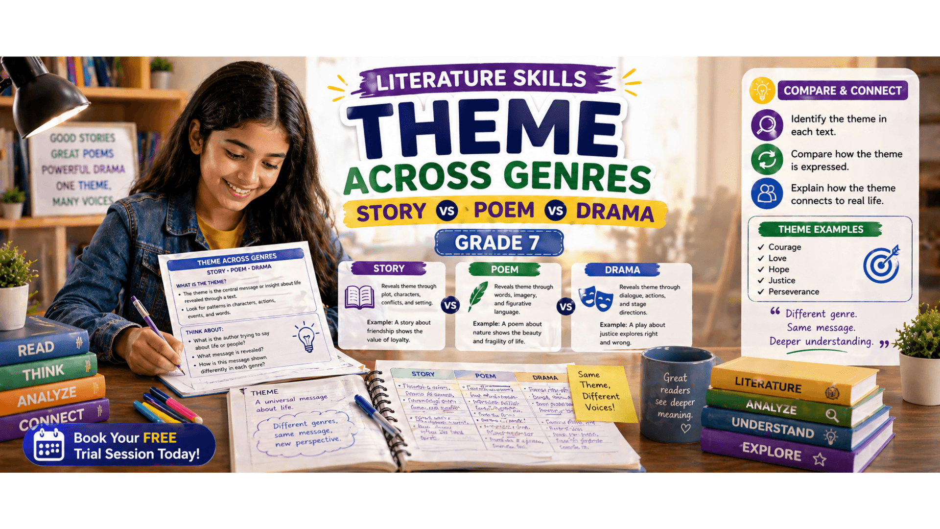 Grade 7 English Worksheet Theme Across Genres [Printable PDF].png