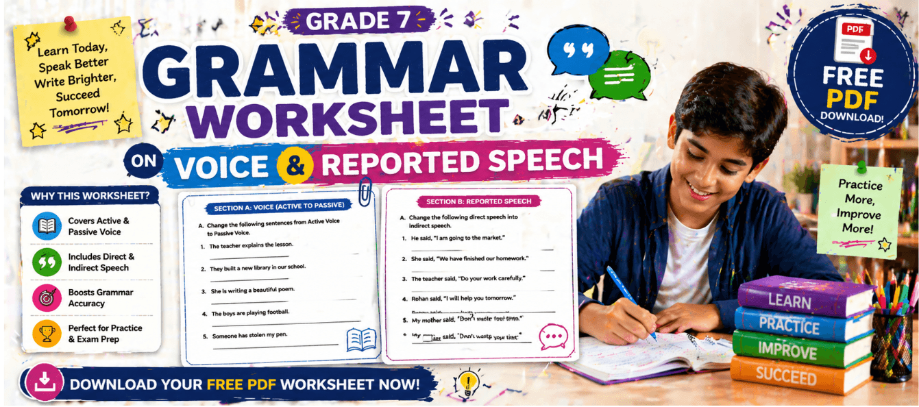 Grade 7 Grammar Worksheet on Voice & Reported Speech [PDF].png