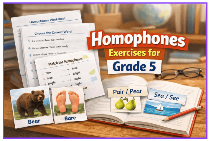 Homophones Exercises for Grade 5 Kids Printable English Grammar Worksheet