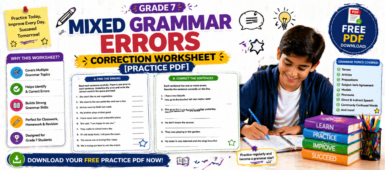 Mixed Grammar Errors Grade 7 Correction Worksheet [Practice PDF].png
