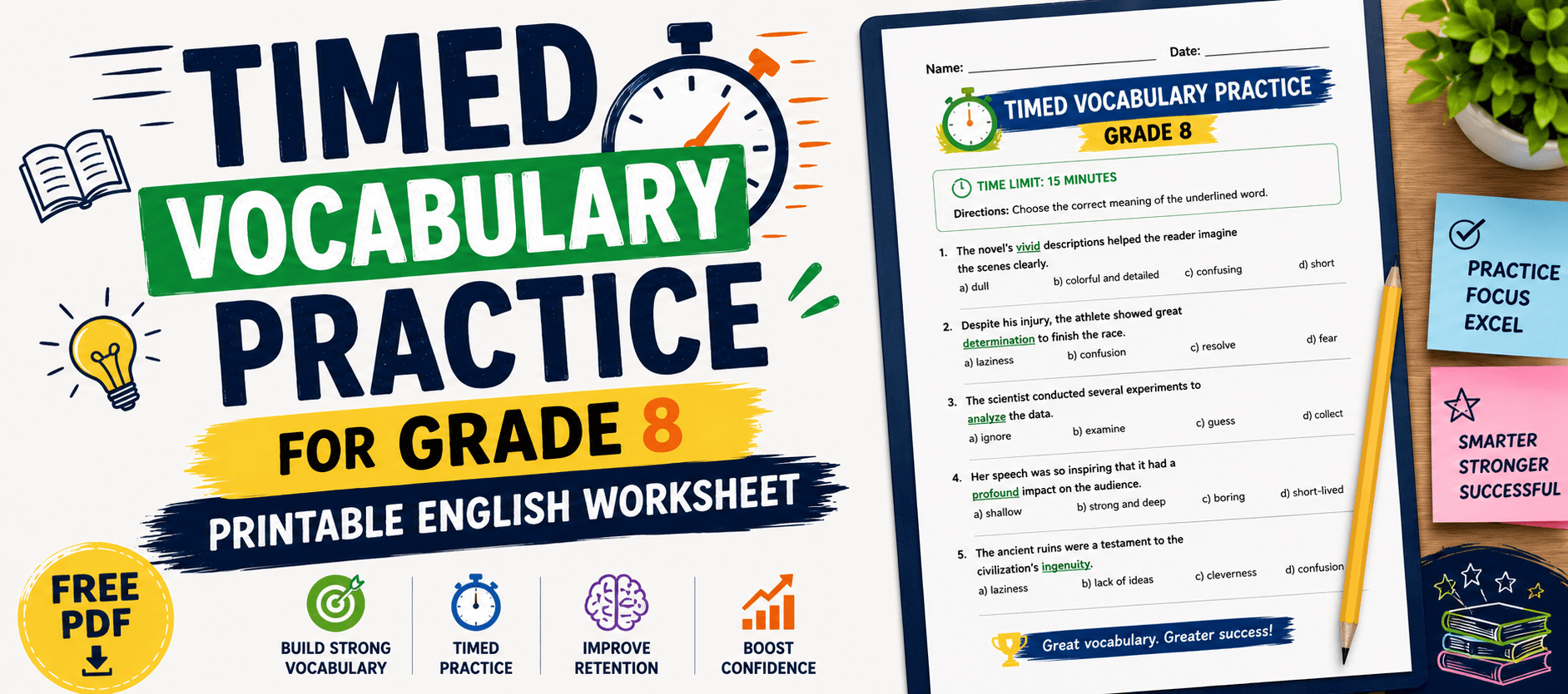 Timed Vocabulary Practice for Grade 8 Printable English Worksheet [Free PDF].png