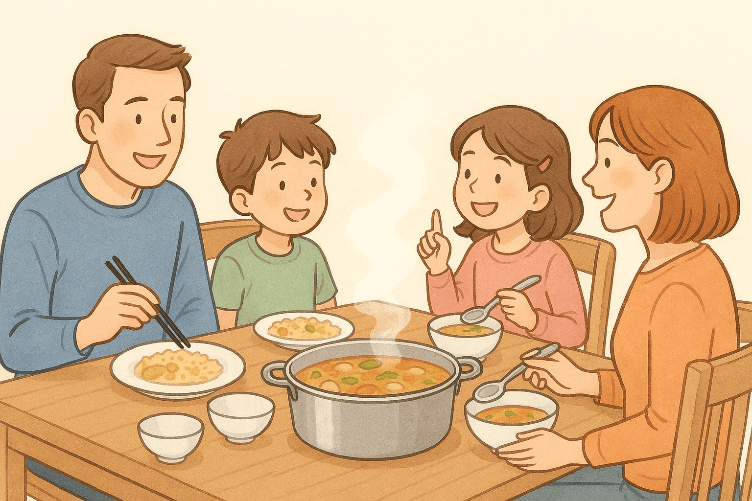 A family of four is sitting at the dining table, with plates, bowls, and a steaming pot of soup in front of them. They are smiling and talking.