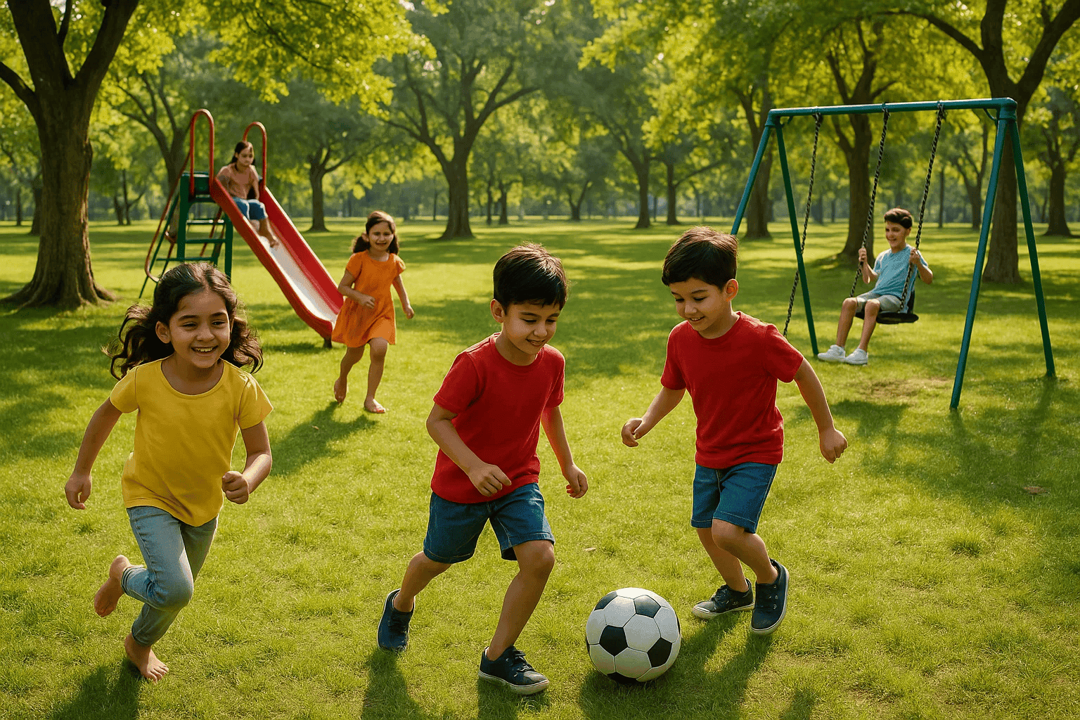 The picture shows a sunny park with green grass, tall trees, a slide, and swings. Several children are running, playing football, or enjoying the playground equipment.