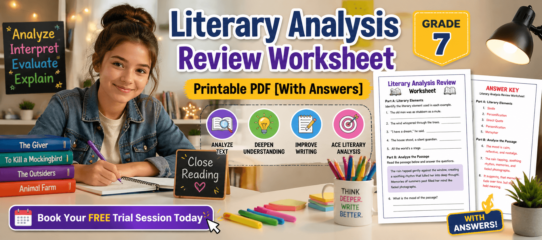 Literary Analysis Review Worksheet for Grade 7: Printable PDF [With ...